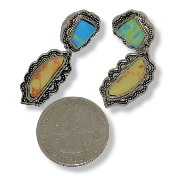 Silver-Tone Southwest Design Simulated Gemstone Drop Dangle Pierced Earrings - Picture 2 of 6